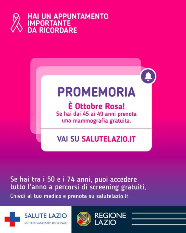Per “Ottobre Rosa 2023”, la Regione Lazio offre screening gratuiti a donne fuori fascia d’età